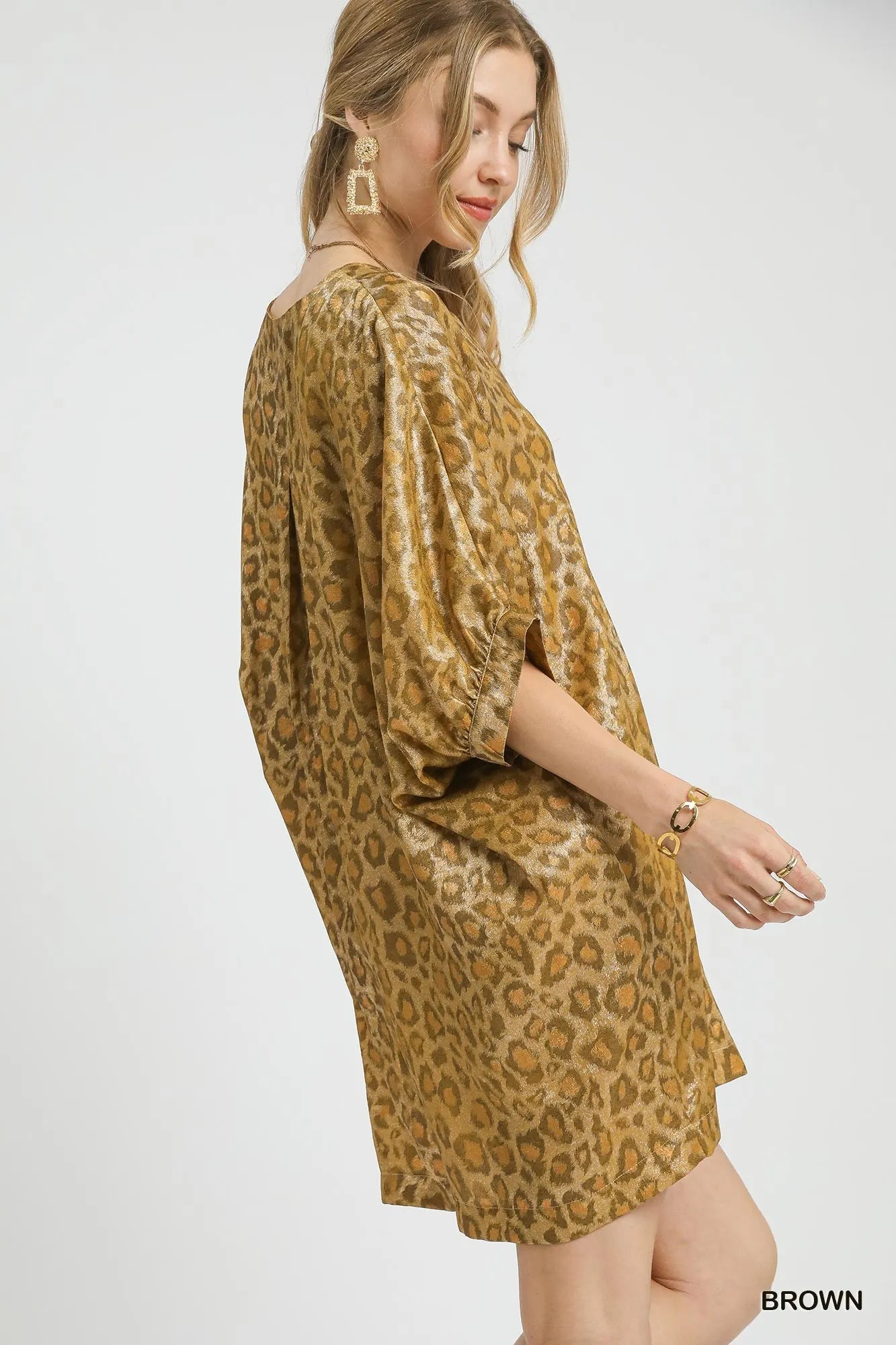 Metallic Leopard Print V-Neck Kimono Dress - Brown - product view 2