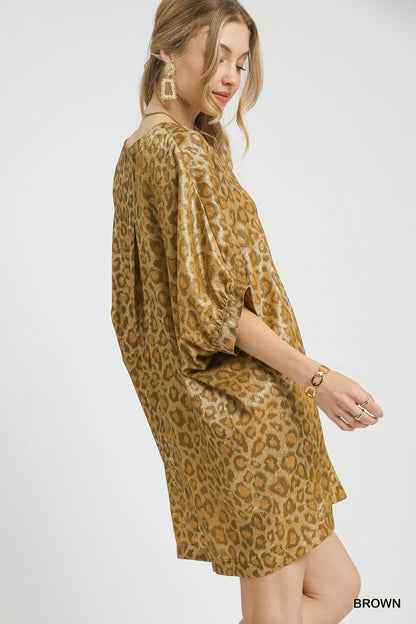 Metallic Leopard Print V-Neck Kimono Dress - Brown - product view 2