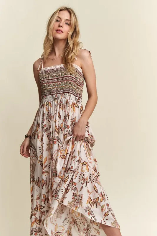 Smocked Printed Square Neck Tie Shoulder Cami Dress - Ivory - product view 3