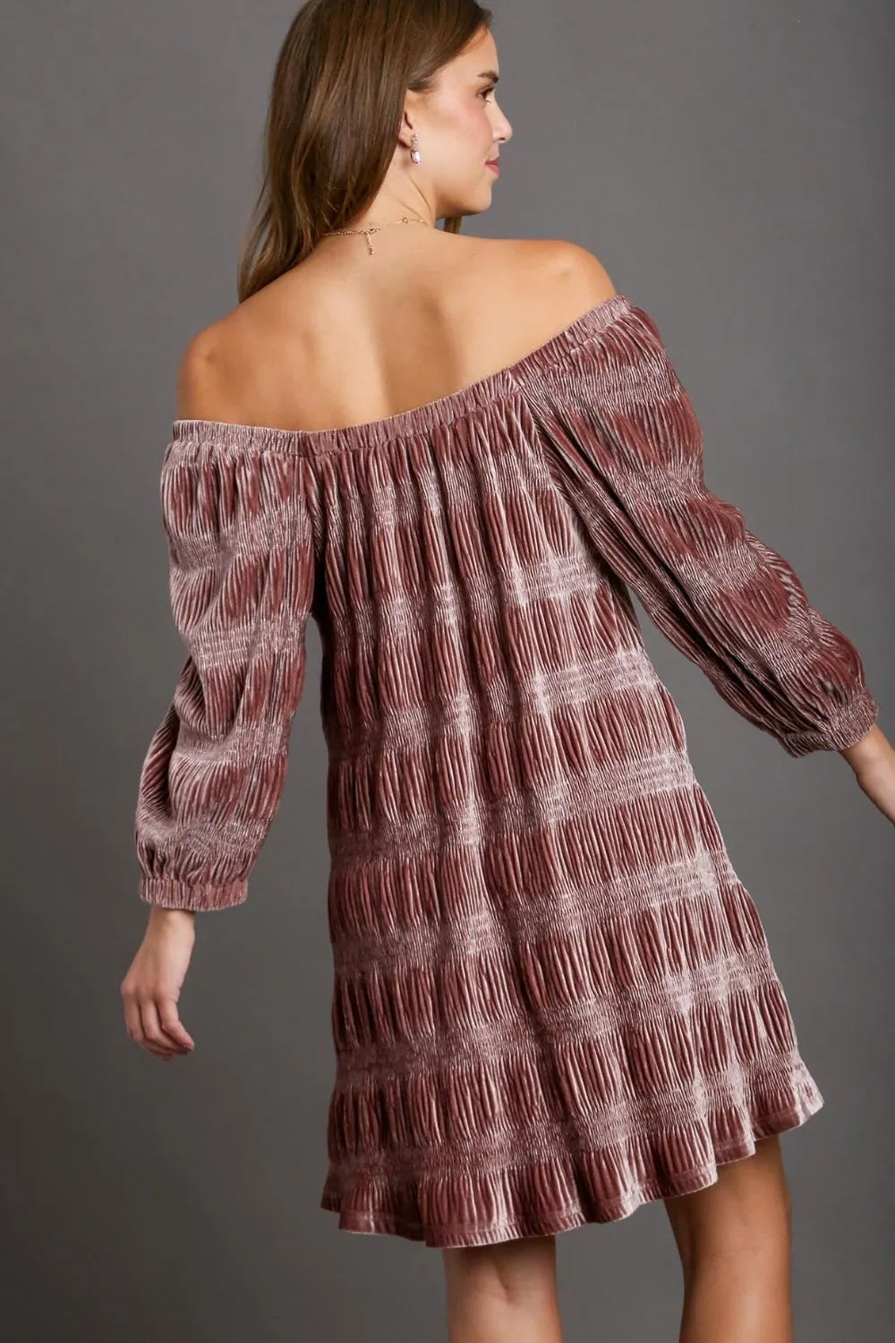 Off-Shoulder Balloon Sleeve Velvet Mini Dress - Dusty Pink - product view 2