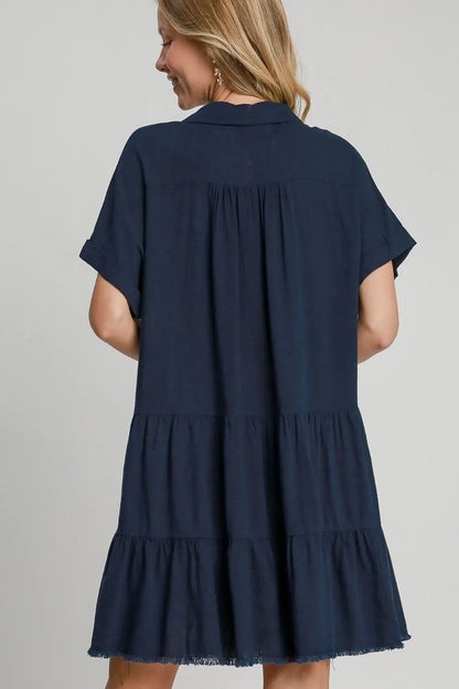 Full Size Raw Hem Folded Sleeve Tiered Dress Plus Size - Dark Navy - product view 3