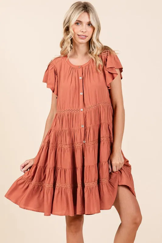 Lace Detail Ruffled Button Down Tiered Dress - Pumpkin - product view 1