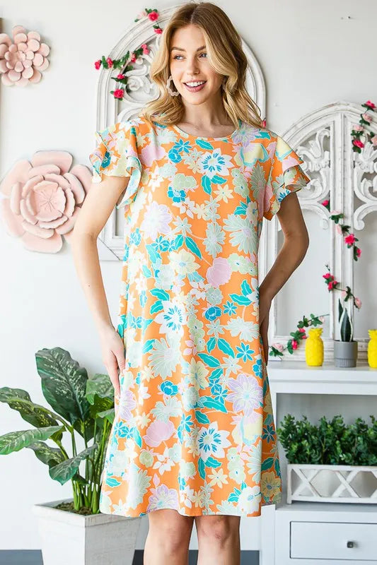 Full Size Ruffled Short Sleeve Floral Mini Dress Plus Size in Orange - product view 3