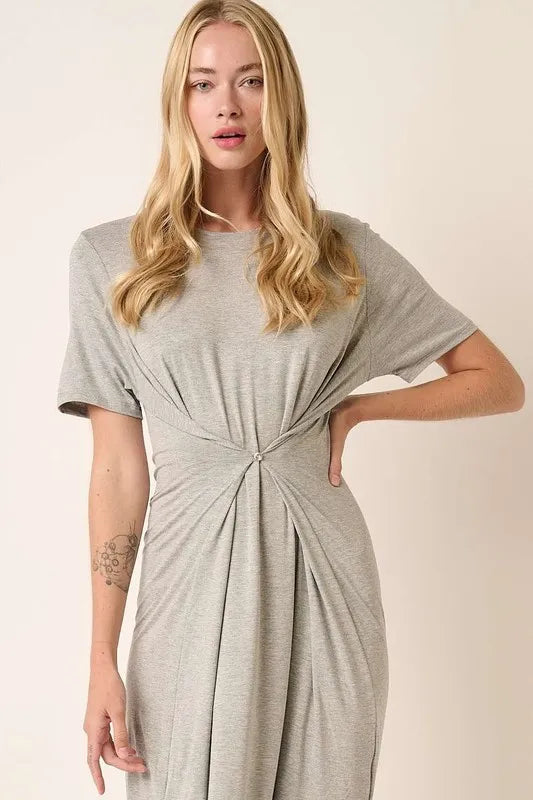 Side Slit Round Neck Short Sleeve Dress in Heather Grey - product view 1