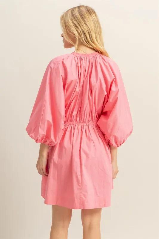 Plunge Balloon Sleeve Poplin Mini Dress with Pockets in Coral - product view 3