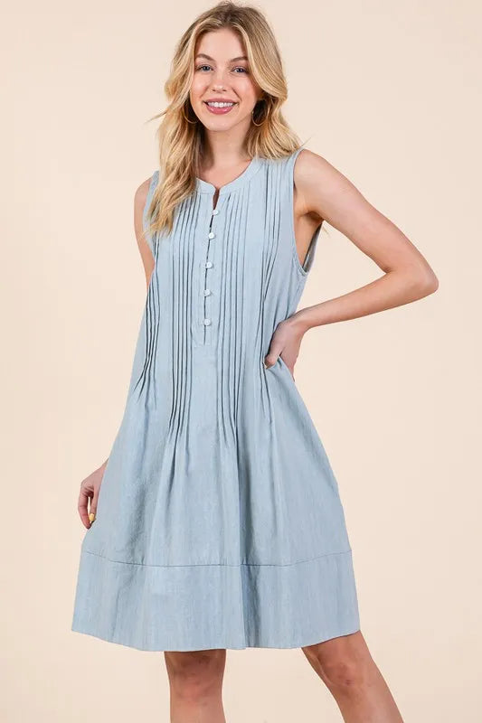 Denim Pintuck Detail Sleeveless Midi Dress in Lt Denim - product view 9