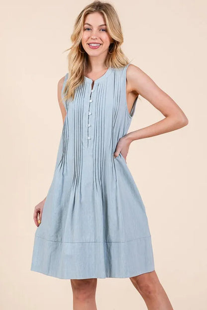 Denim Pintuck Detail Sleeveless Midi Dress in Lt Denim - product view 9