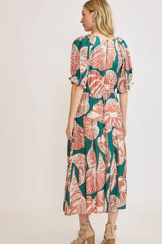 Full Size Printed Notched Puff Sleeve Midi Dress Plus Size - Green/Clay - product view 2