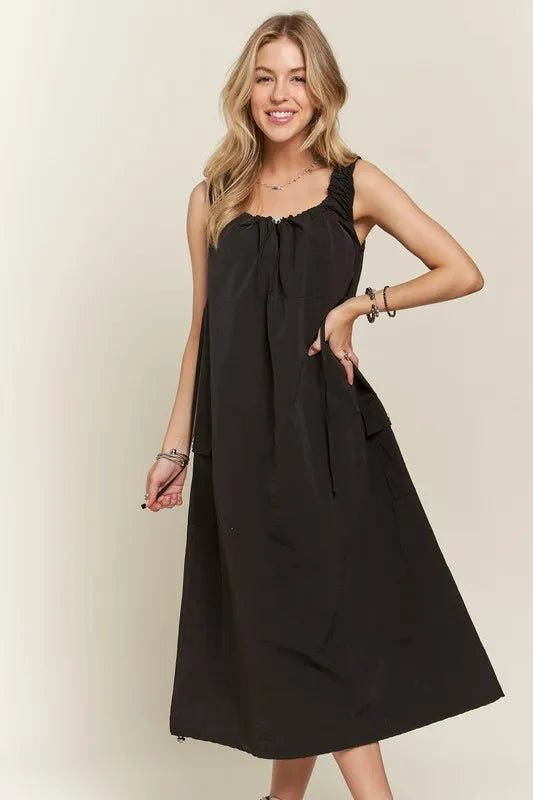 Drawstring Slit Back Cargo Dress - Black - product view 1