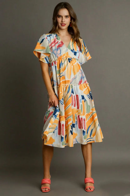 Full Size Abstract Print Flutter Sleeve Frill Tiered Midi Dress Plus Size in Tangerinemix - product view 3