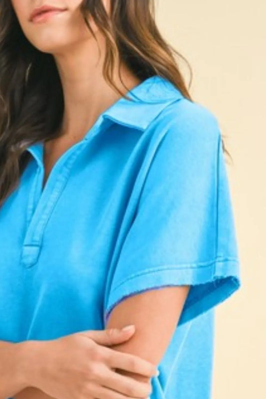 Mineral Washed Johnny Collar Short Sleeve Dress - Sky Blue - product view 2