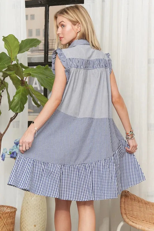 Button Down Textured Babydoll Dress in Blue - product view 7