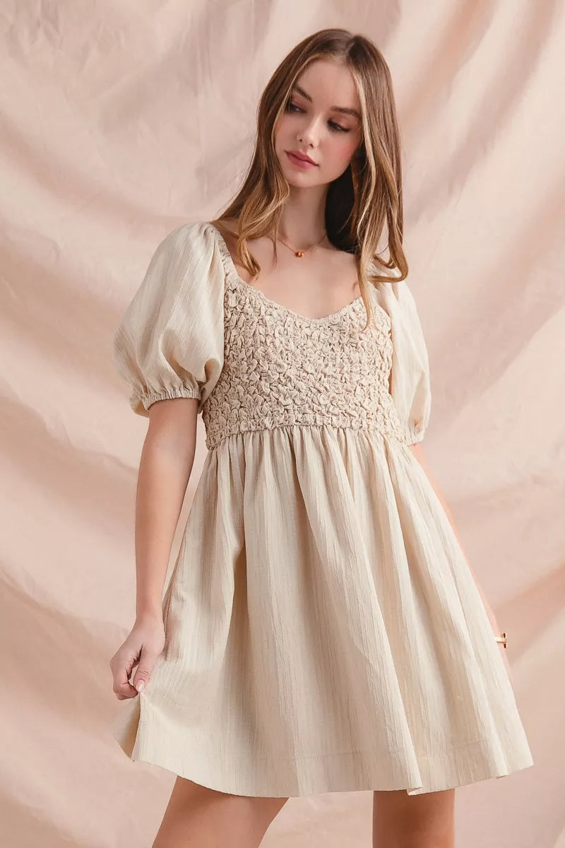 Textured Woven Daily Dress with Puff Sleeves in Dusty Pink - product view 1