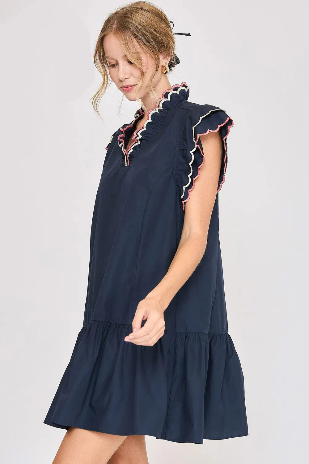 Full Size Ruffled Scalloped Sleeved Dress Plus Size in Dark Navy - product view 3