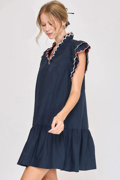 Full Size Ruffled Scalloped Sleeved Dress Plus Size in Dark Navy - product view 3