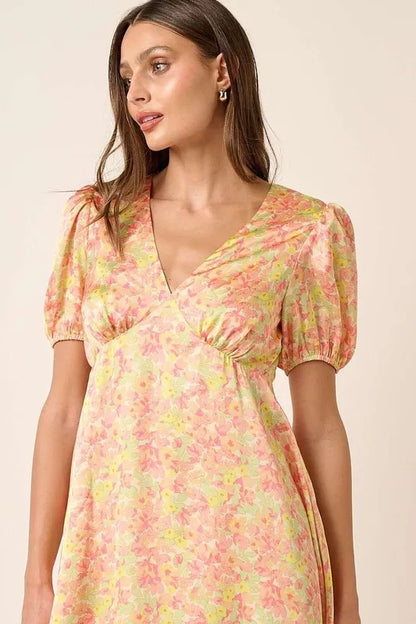 Printed V-Neck Puff Sleeve Mini Dress in Yellow Combo - product view 4