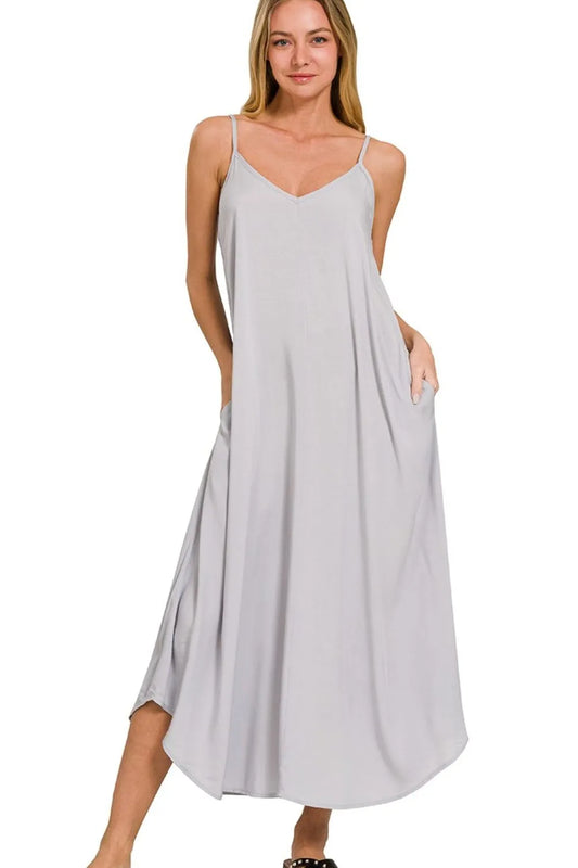Woven Arc Hem Cami Dress With Flowy Pockets - Lt Grey - product view 1