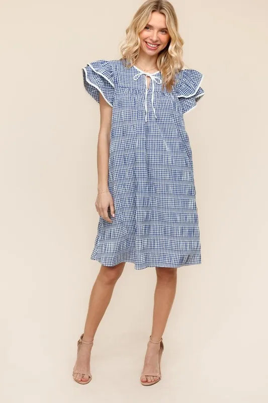 Double Ruffle Sleeve Dress with Side Pockets in Navy - product view 1