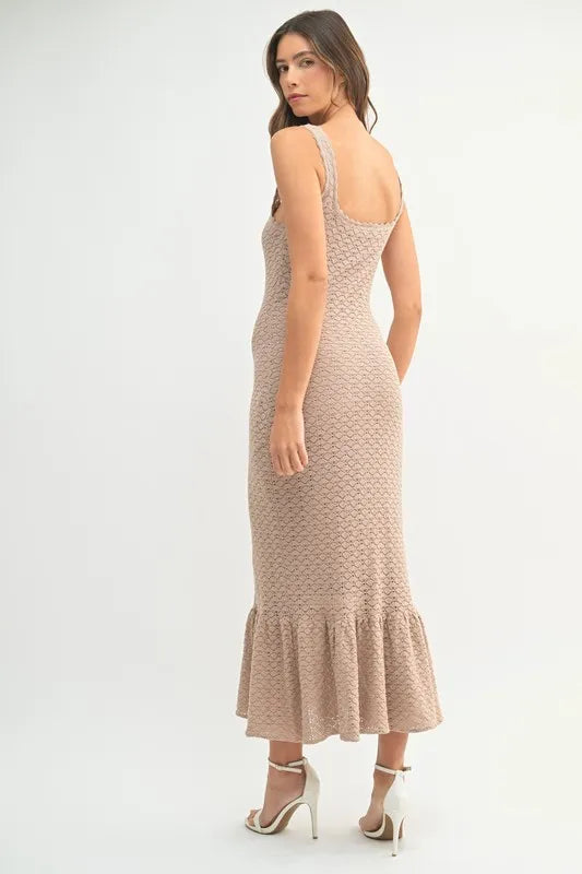 Ruffled Hem Sleeveless Crochet Knit Midi Dress in Mocha - product view 8