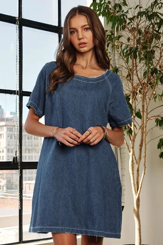 Raw Hem Mini Denim Dress with Pockets in Dark - product view 1