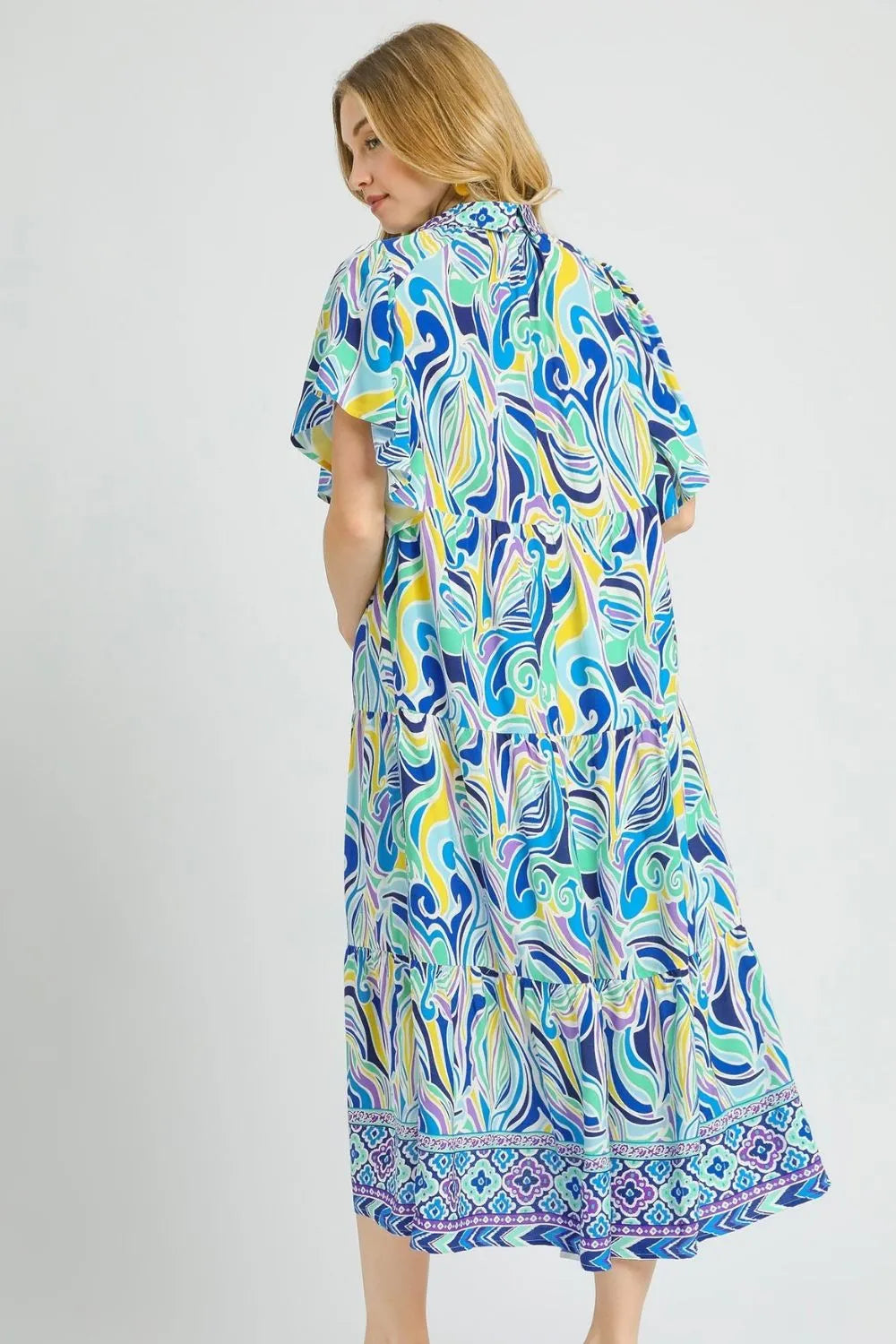 Printed Short Sleeve Tiered Midi Dress in Pastel Blue - product view 3
