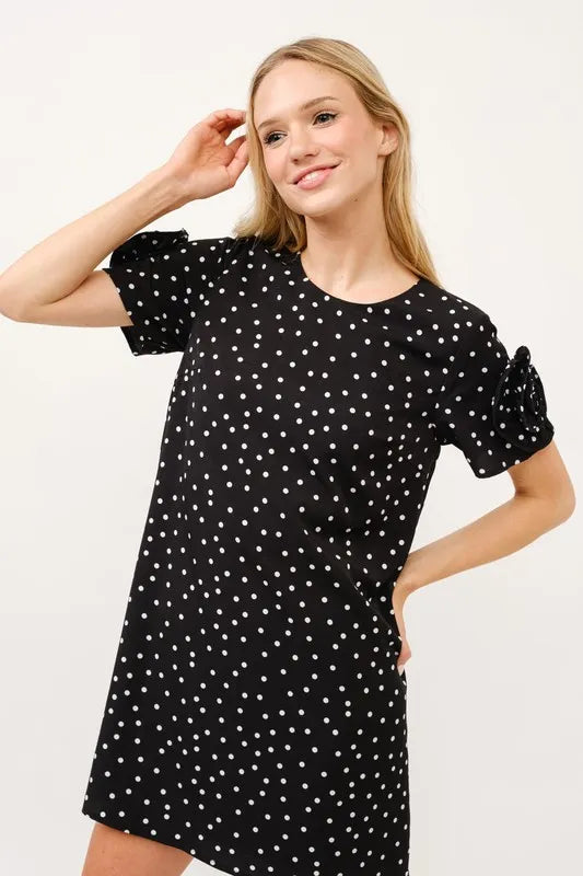 Embellished Sleeve Polka Dots Shift Dress in Black - product view 6