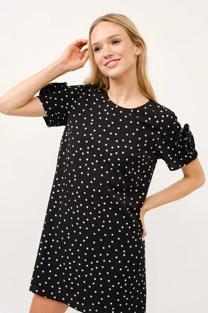 Embellished Sleeve Polka Dots Shift Dress in Black - product view 6