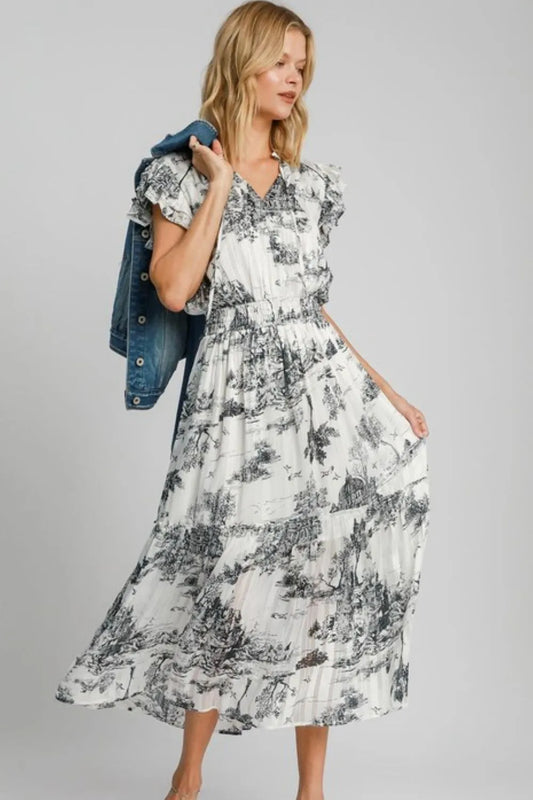 Full Size Two Tone Landscape Print Midi Dress Plus Size - Black - product view 1