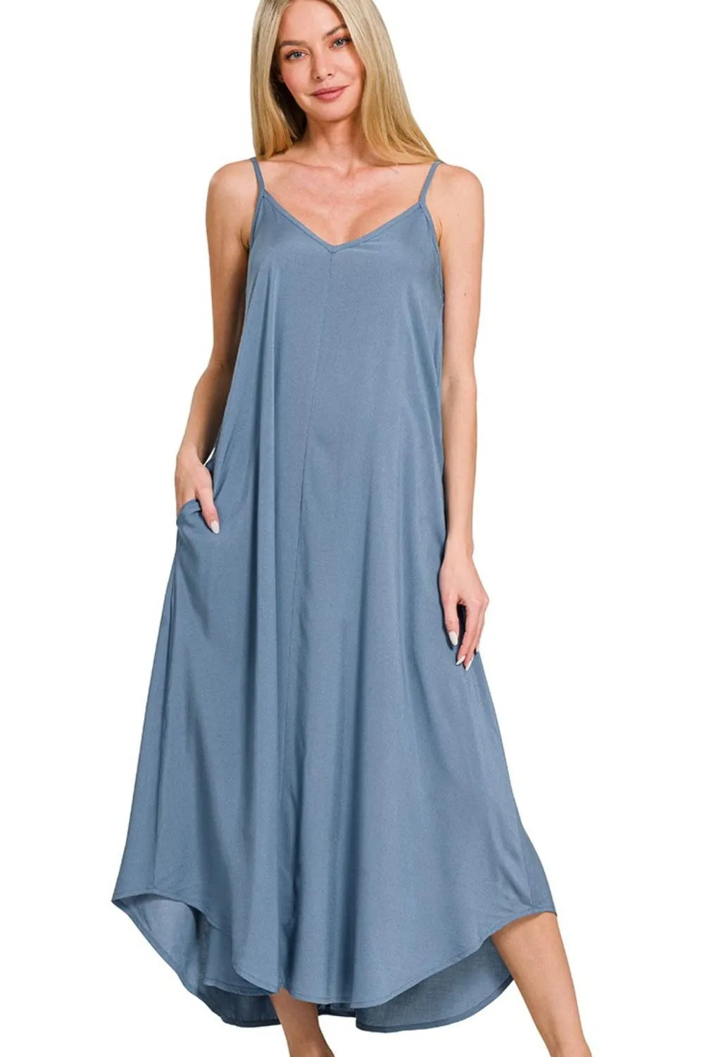 Woven Arc Hem Cami Dress With Flowy Pockets - Dusty Blue - product view 1