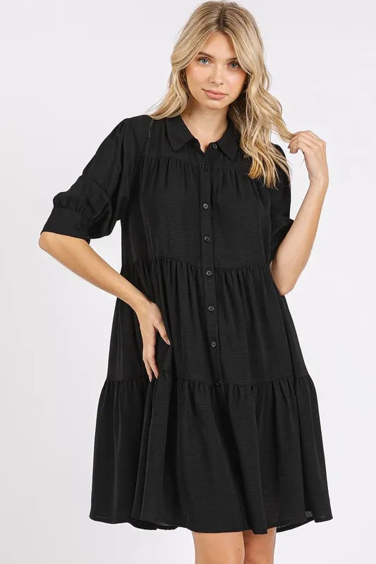 Button Detail Collared Neck Tiered Shirt Dress - Black - product view 1