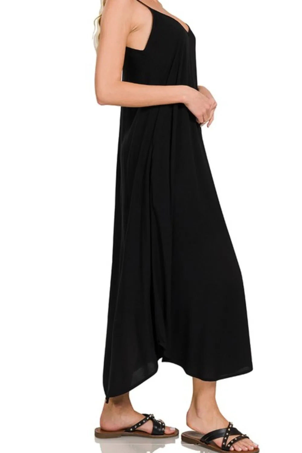 Woven Arc Hem Cami Dress With Flowy Pockets - Black - product view 2