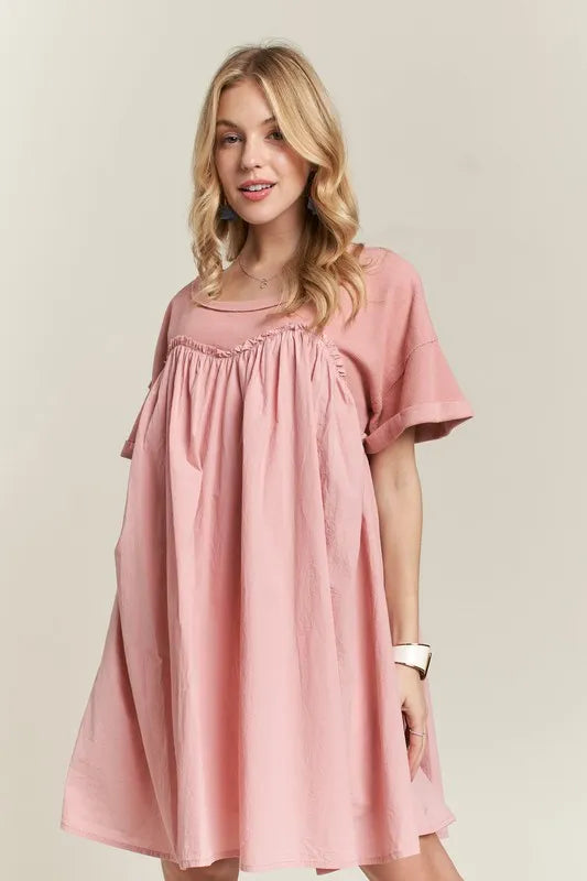 Round Neck Half Sleeve Babydoll Dress in Dusty Pink - product view 2