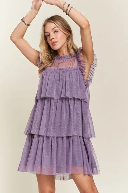 Layered Ruffled Cap Sleeve Mesh Dress in Mauve - product view 4