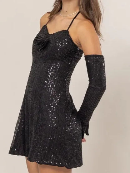 Sequin Rosette Halter Mini Dress in Black - product view 1