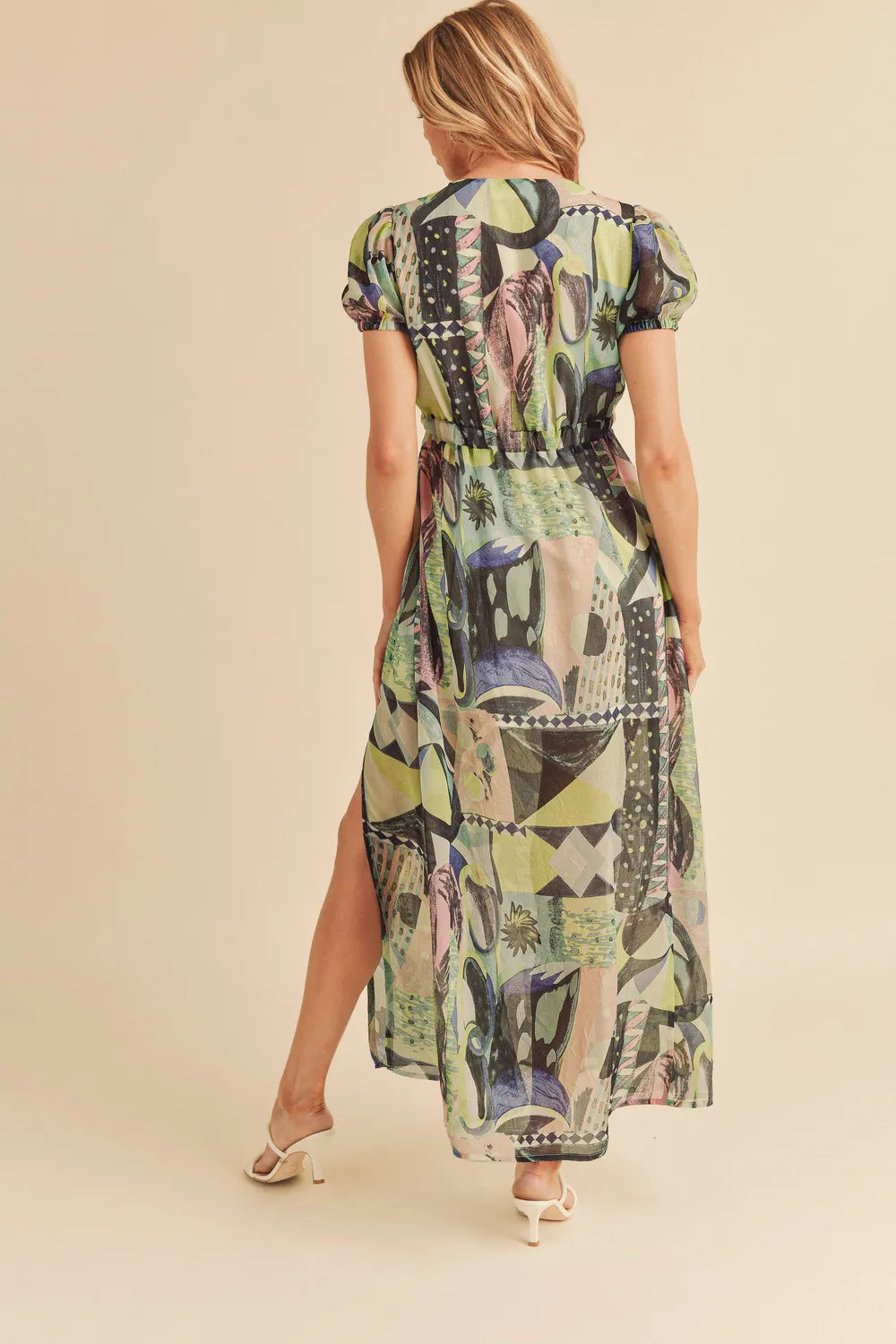 Lace Detail Slit Geometric Print Short Sleeve Maxi Dress in Green - product view 2