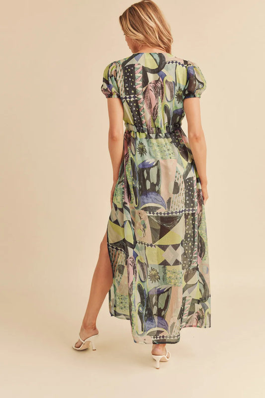 Lace Detail Slit Geometric Print Short Sleeve Maxi Dress in Green - product view 2