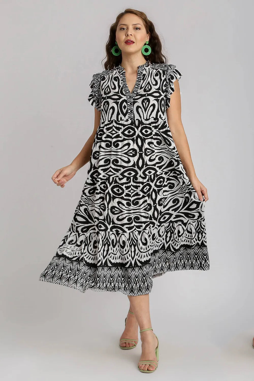 Full Size Two Tone Border Print Ruffle Cap Sleeve Midi Dress Plus Size - Black - product view 8