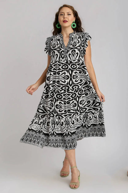 Full Size Two Tone Border Print Ruffle Cap Sleeve Midi Dress Plus Size - Black - product view 8