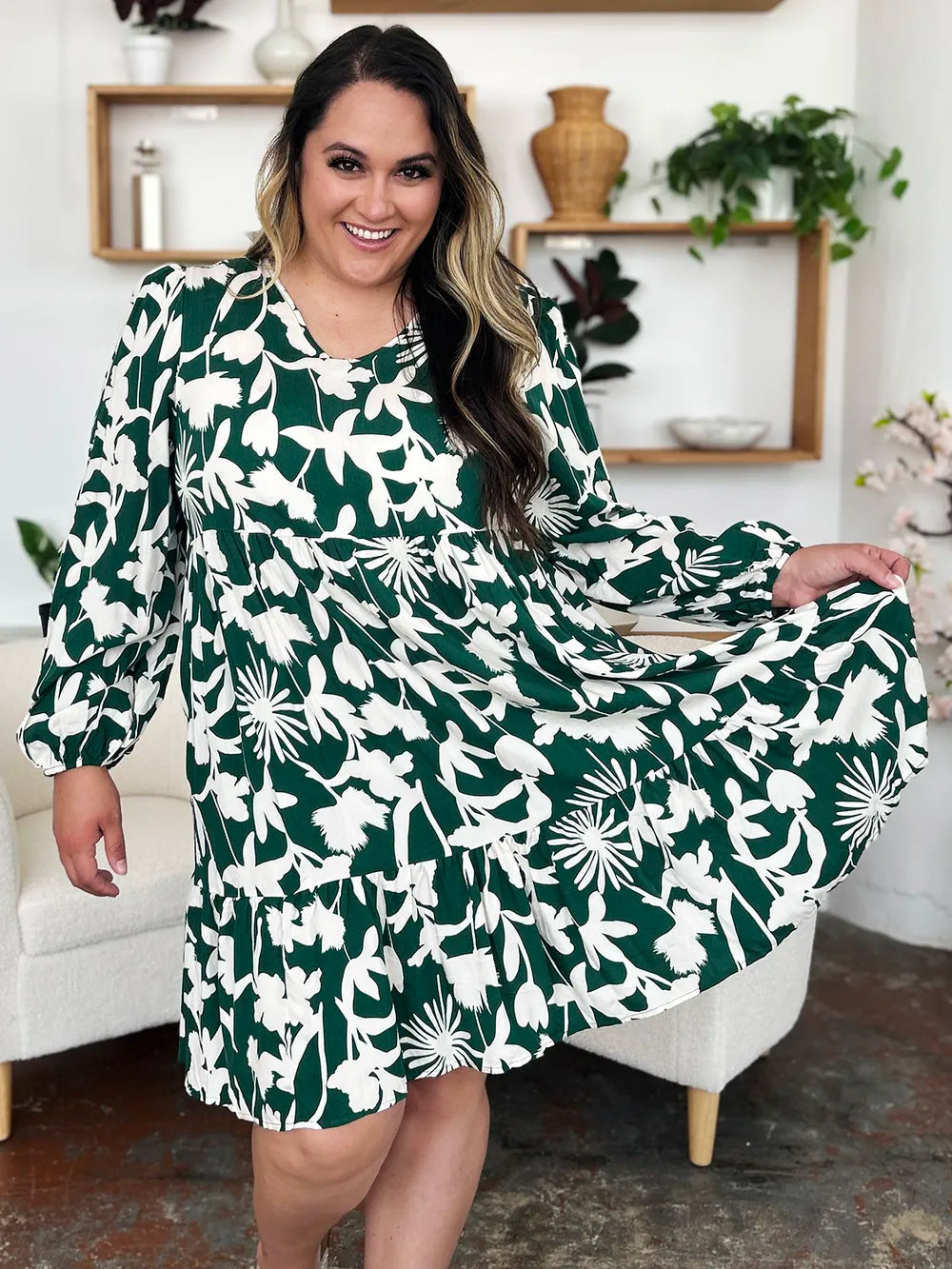 Full Size Printed Ruffle Hem Dress with Pocket in Dark Green, Lavender and more - product view 8