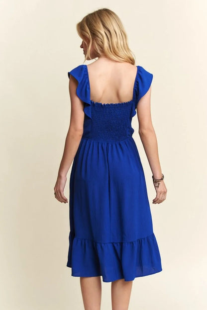 Smocked Square Neck Ruffled Cap Sleeve Dress in Royal Blue - product view 2