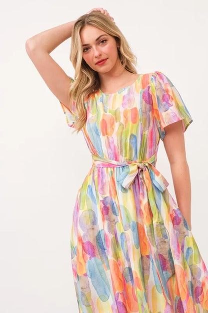 Watercolor Print Tie Front Midi Dress - Orange Combo - product view 8