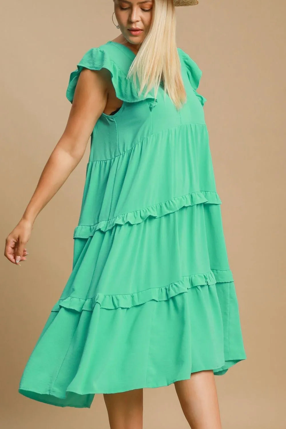 Full Size Ruffle Tiered Cap Sleeve Midi Dress Plus Size in Emerald - product view 6