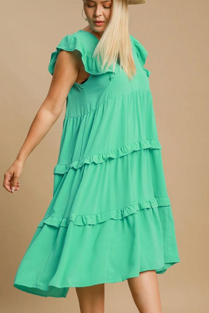 Full Size Ruffle Tiered Cap Sleeve Midi Dress Plus Size in Emerald - product view 6