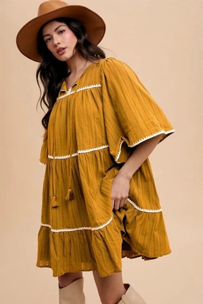 Tassel Contrast Trim Tie Neck Half Sleeve Tiered Dress - Mustard - product view 1