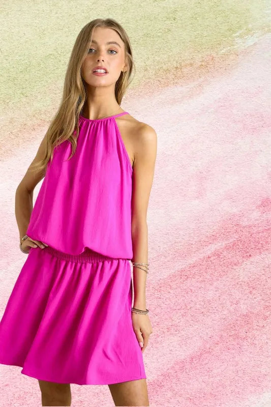 Halter Neck Smocking Waist Dress in Hot Pink - product view 2