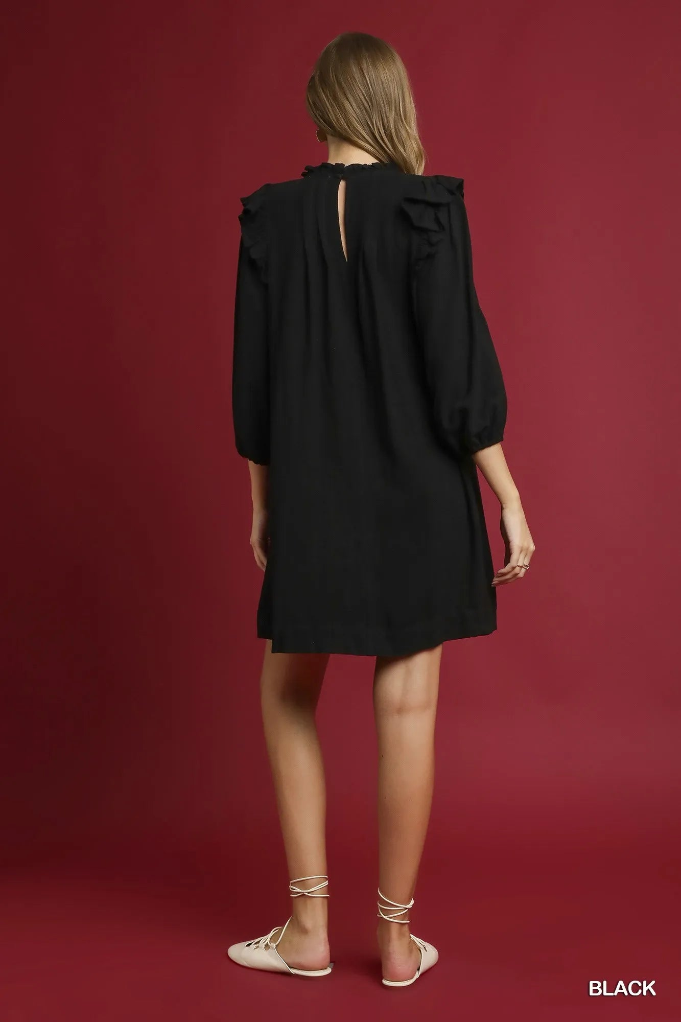 Linen Ruffle Shoulder Pleated Babydoll Dress - Black - product view 4