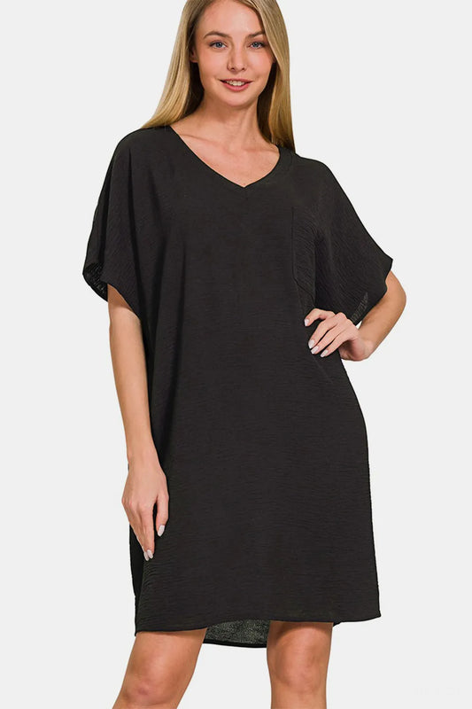 V-Neck Tee Dress with Pockets in Black - product view 1