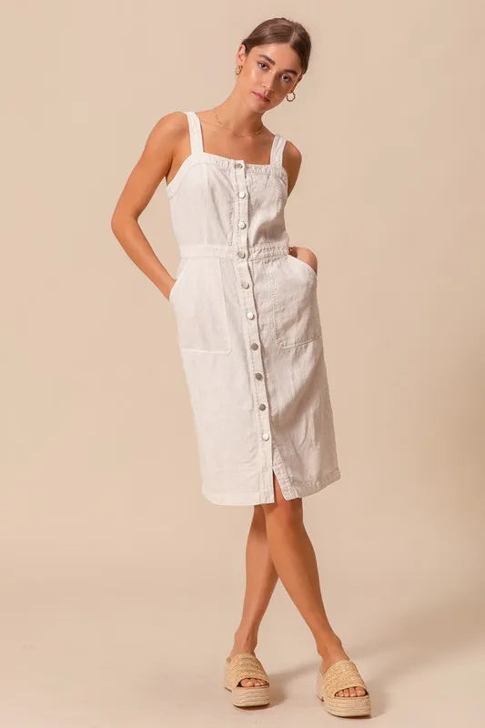 Button Down Pocket Front Pinafore Dress - Off White - product view 4