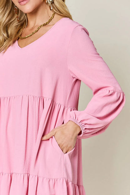 Full Size V-Neck Balloon Sleeve Tiered Dress with Pockets in Light Green, Pink and more - product view 11
