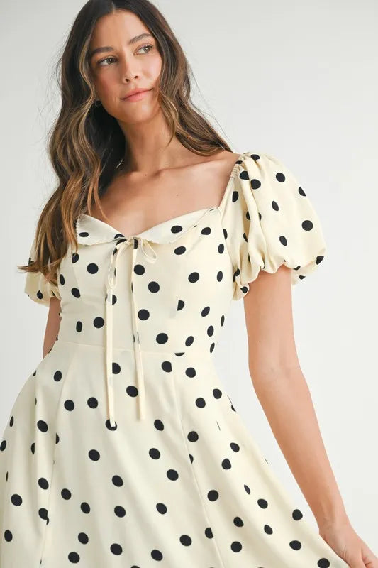 Polka Dot Puff Sleeve Midi Dress - Cream - product view 10